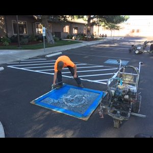 ADA Handicap Marking in progress by the Yakima Crew. This Parking received Striping with top tier equipment. Thus, if you need quality lot maintenance, contact us today.